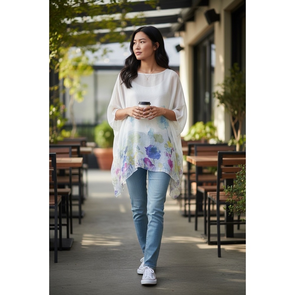 Elena Baldi Made in Italy SILK Floral Poncho Top White Watercolor Sz L Artsy